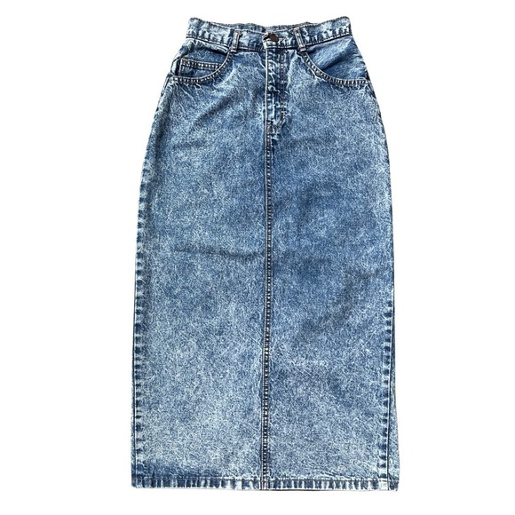 Vintage 80s Santana Jeans Midi High Rise Acid Wash Denim Maxi Skirt - Picture 1 of 16